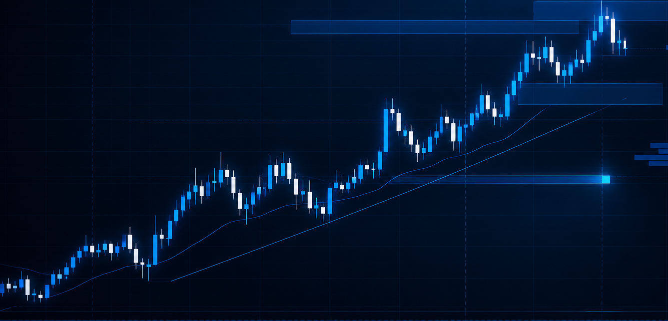 Candlestick chart trending upward on a dark background